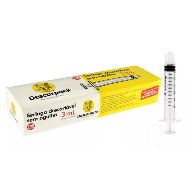 Seringa descartável 3ml - DESCARPACK - Bico luer lock - Caixa com 100 unidades