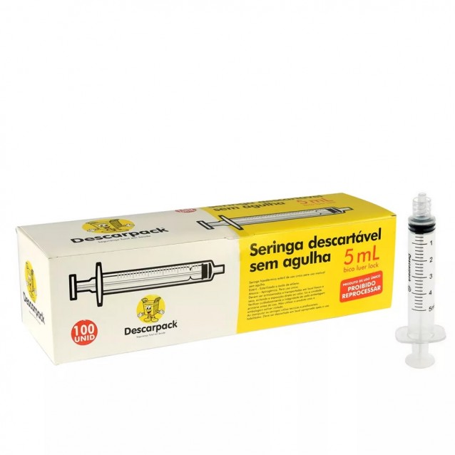 Seringa descartável 5ml - DESCARPACK - Bico luer lock - Caixa com 100 unidades