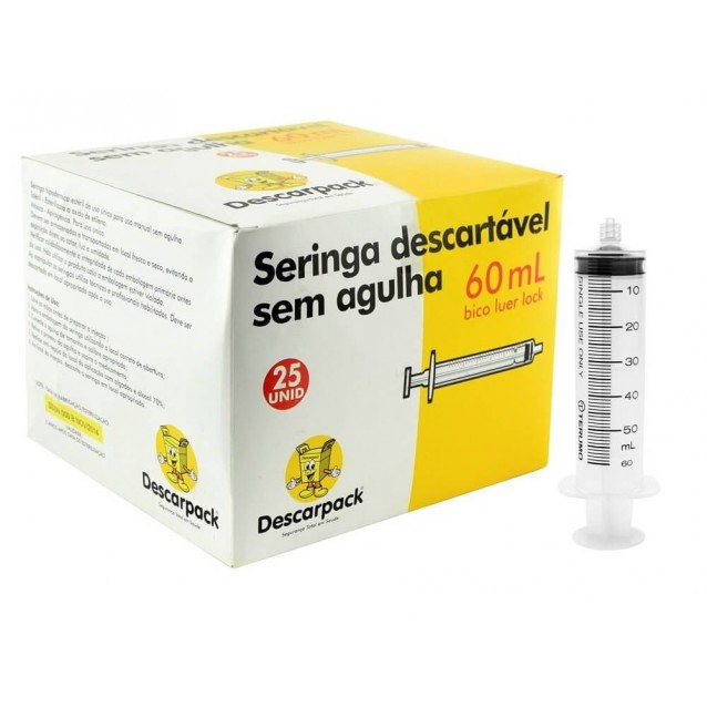 Seringa descartável 60ml - DESCARPACK - Bico luer lock - Caixa com 25 unidades